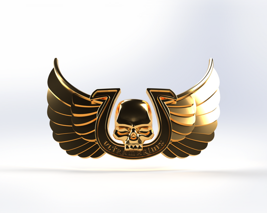 Show off the V.10 Blueberry Warriors Chest Detail (3D Print | Files Only) design: a gleaming gold emblem featuring a central skull, horseshoe, and intricately sculpted outstretched wings, all rendered with a polished metallic finish and inspired by the signature Galactic Warriors chest motif. In classic Tactical Chest Remaster Pattern fashion, “DEATH CLUB” is engraved at the base of the horseshoe—perfect as a unique 3D-printable file for your next project.