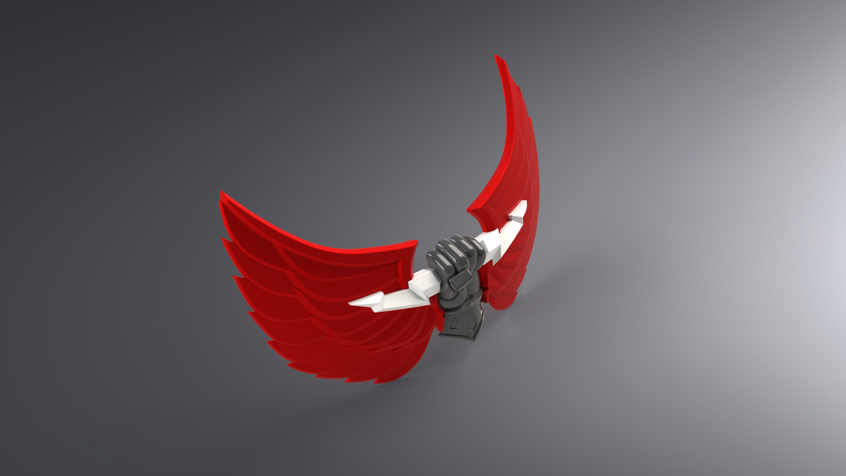 A black fist, modeled after the V.10 Regal Clenched Hands Chest Detail (3D Print | Files Only), grips a white bone flanked by bold red stylized wings, all set against a gradient gray background—an ideal chest detail for 3D-printable Galactic Warriors.