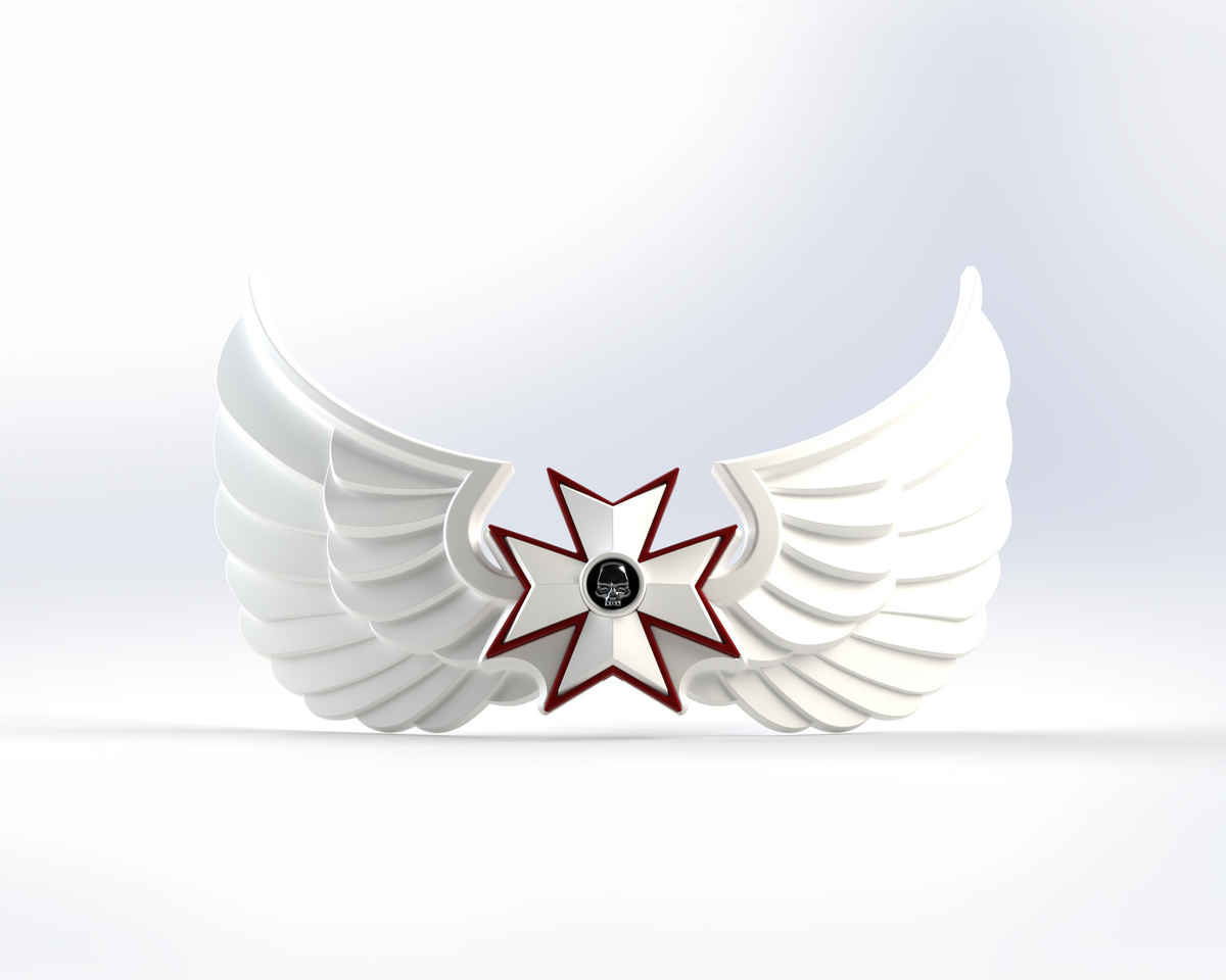 A white, stylized winged emblem featuring a central eight-pointed star outlined in red with a small circular symbol at its heart—reflecting the V.10 Grim Paladins Chest Detail (3D Print | Files Only)—set against a light gradient background, making it an ideal choice for a unique 3D-printable Galactic Warriors insignia.