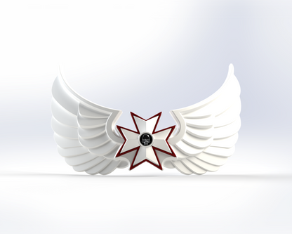 A white, stylized winged emblem featuring a central eight-pointed star outlined in red with a small circular symbol at its heart—reflecting the V.10 Grim Paladins Chest Detail (3D Print | Files Only)—set against a light gradient background, making it an ideal choice for a unique 3D-printable Galactic Warriors insignia.