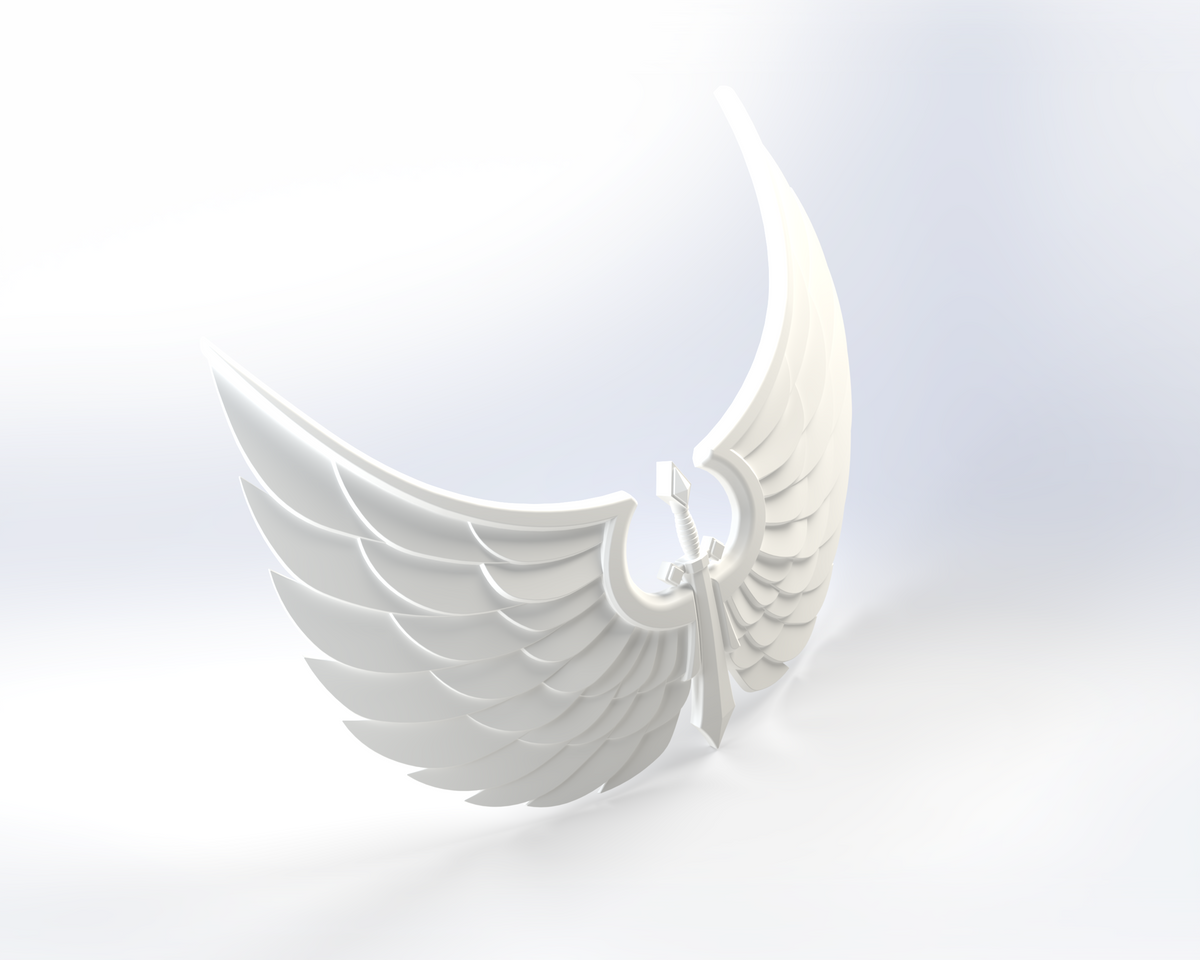 White, glossy stylized wings spread open symmetrically, attached at the center with a sleek, smooth finish on a light gradient background—evoking the refined aesthetics of the V.10 Gloomy Celestials V.1 Chest Detail (3D Print | Files Only).