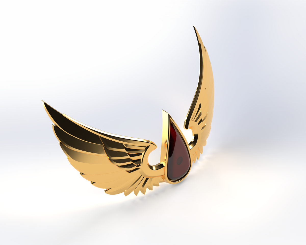 Product Rewrite: The V.10 Crimson Celestials Chest Detail (3D Print | Files Only) features a gold winged emblem with intricate feather designs on both wings and a striking red teardrop centerpiece, all set against a white background—perfect as a 3D-printable accessory for Galactic Warriors Version 10 or as part of the legendary Tactical Crimson Celestials ensemble.
