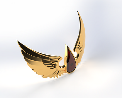 Product Rewrite: The V.10 Crimson Celestials Chest Detail (3D Print | Files Only) features a gold winged emblem with intricate feather designs on both wings and a striking red teardrop centerpiece, all set against a white background—perfect as a 3D-printable accessory for Galactic Warriors Version 10 or as part of the legendary Tactical Crimson Celestials ensemble.