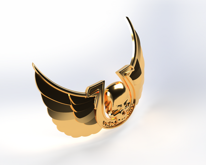 A gleaming gold emblem inspired by the intricate chest detail of the V.10 Blueberry Warriors (3D Print | Files Only), featuring a central skull, a prominent horseshoe, and stylized wings extending outward on each side, set against a light gradient background.