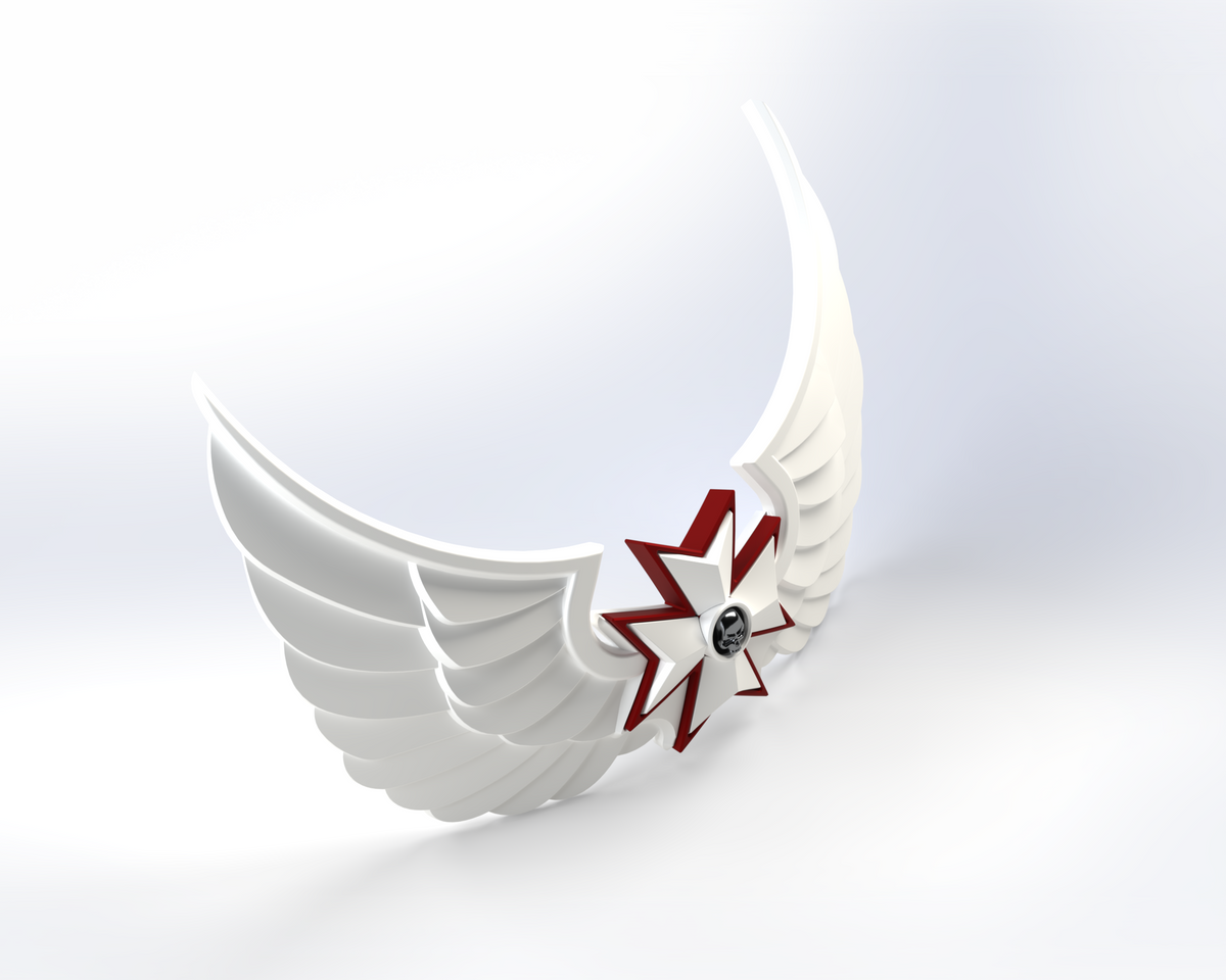 A 3D-rendered pair of white wings with a red and white star at the center—highlighted by a small circular emblem—appears against a plain white background. This design is based on the V.10 Grim Paladins Chest Detail (3D Print | Files Only), making it an excellent choice for 3D-printable Galactic Warriors projects.