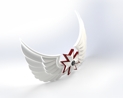 A 3D-rendered pair of white wings with a red and white star at the center—highlighted by a small circular emblem—appears against a plain white background. This design is based on the V.10 Grim Paladins Chest Detail (3D Print | Files Only), making it an excellent choice for 3D-printable Galactic Warriors projects.