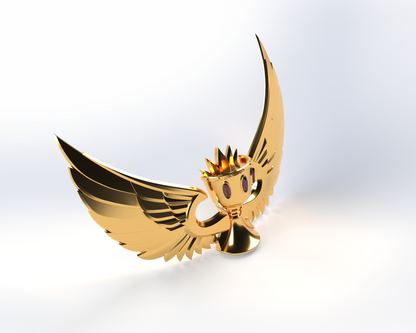 A golden trophy with a crown, large wings, and big-eyed features stands out against a white background—its striking design is inspired by the V.10 Essence Imbibers Chest Detail (3D Print | Files Only), reflecting the bold lines found in the 3D-printable Galactic Warriors chest details.