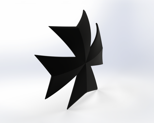 A 3D-printed V.10 Grim Paladins Shoulder Detail—featuring a glossy black, four-pointed abstract star shape—stands upright on a smooth white surface with soft shadows and a subtle gradient background.