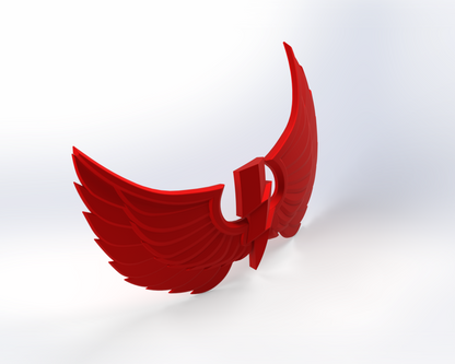 A 3D-rendered red stylized bird with outstretched wings, viewed from an angle and set against a smooth white and light gray background—perfect as a digital download for fans of the V.10 Bleached Blemishes Chest Detail (3D Print | Files Only) or those looking for inspiration for their next Tactical Chest Remaster Pattern.