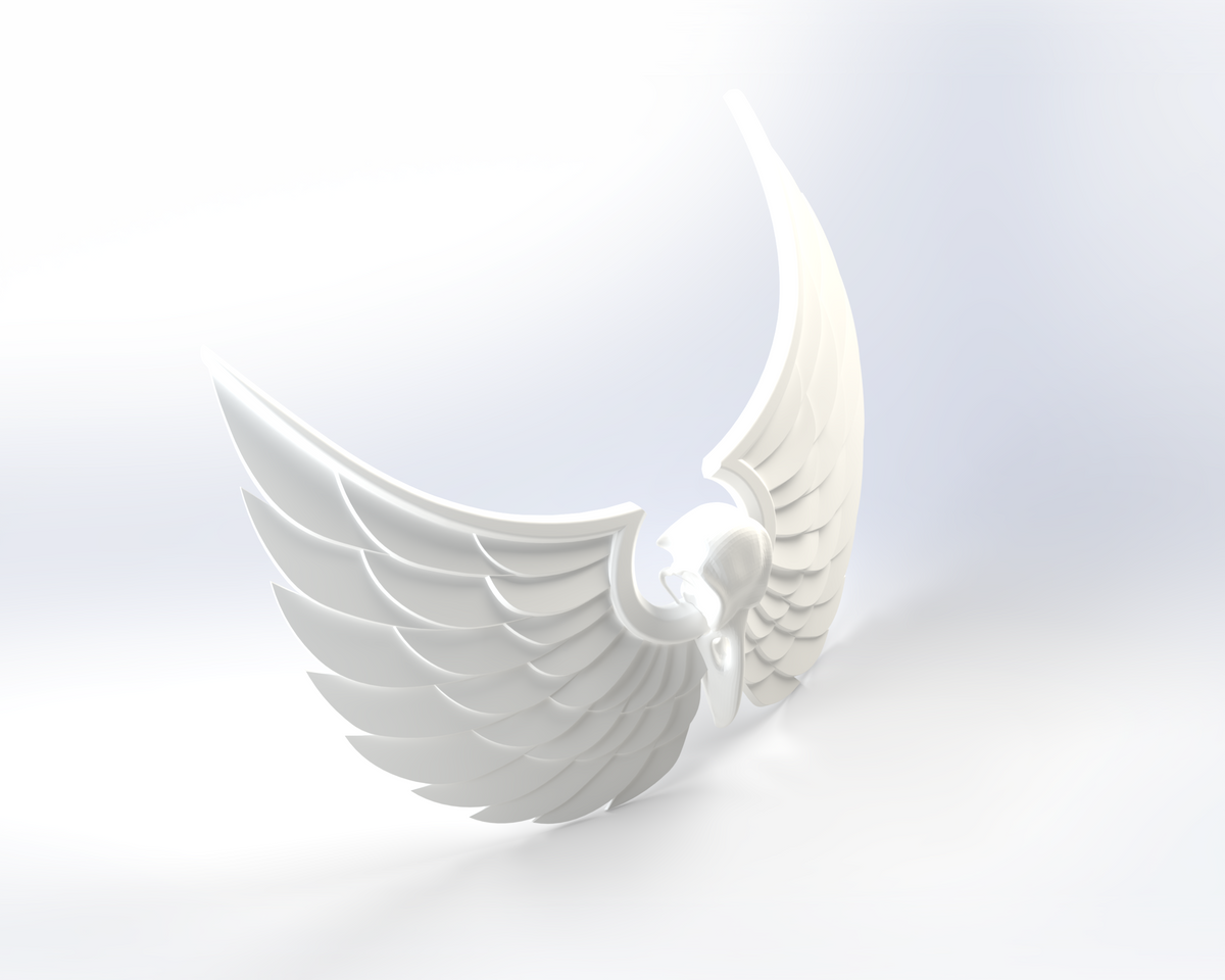 A 3D-rendered white sculpture of stylized, spread angel wings curves upward against a soft, light background. Inspired by the V.10 Sable Sentry Chest Detail (3D Print | Files Only), this piece incorporates a 3D-printable chest element reminiscent of Tactical Sable Sentry armor.