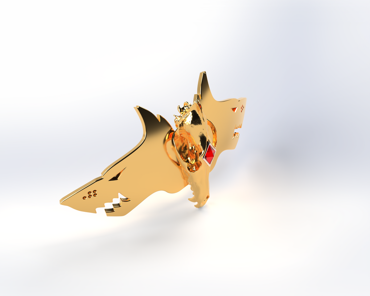 A shiny gold, shark-shaped object with stylized fins and a red gem at its center—based on the V.10 Void Lupines Chest Detail V.1 (3D Print | Files Only)—is displayed against a white gradient background.