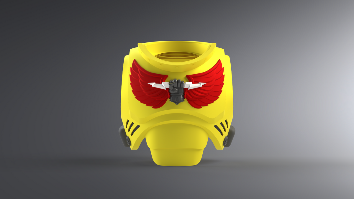 A yellow armored chest piece featuring the V.10 Regal Clenched Hands Chest Detail (3D Print | Files Only) design, with red wings and a silver fist emblem at the center, inspired by 3D-printable Galactic Warriors and displayed against a plain gray gradient background.