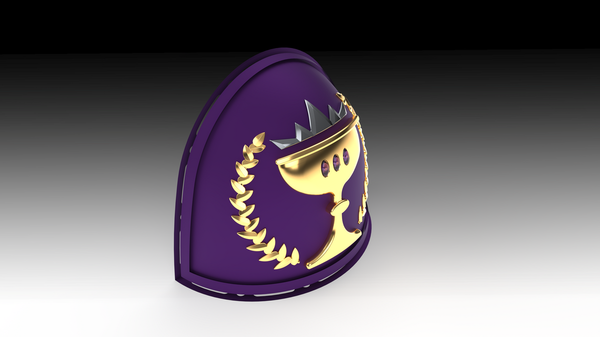 A shield-shaped purple emblem featuring a gold chalice with a crown, flanked by gold laurel branches and set against a black-to-gray gradient background—ideal as a digital download or 3D-printable accessory for Galactic Warriors using the V.10 Essence Imbibers Shoulder Detail (3D Print | Files Only).