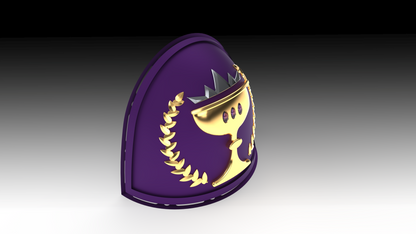 A shield-shaped purple emblem featuring a gold chalice with a crown, flanked by gold laurel branches and set against a black-to-gray gradient background—ideal as a digital download or 3D-printable accessory for Galactic Warriors using the V.10 Essence Imbibers Shoulder Detail (3D Print | Files Only).