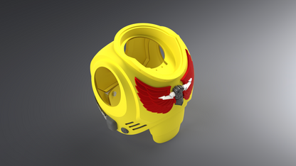 A highly detailed V.10 Regal Clenched Hands Chest Detail (3D Print | Files Only) is showcased in yellow armor, accented with red wing motifs and a silver skull emblem on the front, its intricate Galactic Warriors-inspired design displayed against a grey gradient background.