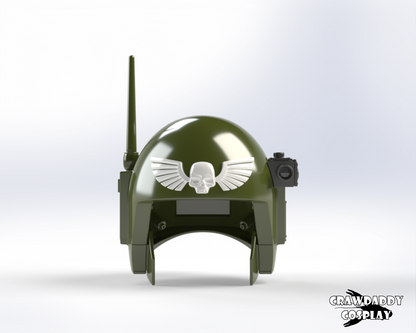 A 3D rendered image of a green Sovereign Trooper helmet with a white skull emblem and black goggles.