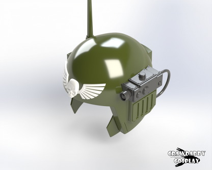 A 3D rendered image of a green Sovereign Trooper helmet with a white skull emblem and black goggles.