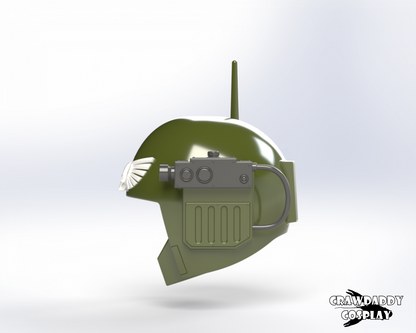 A 3D rendered image of a green Sovereign Trooper helmet with a white skull emblem and black goggles.