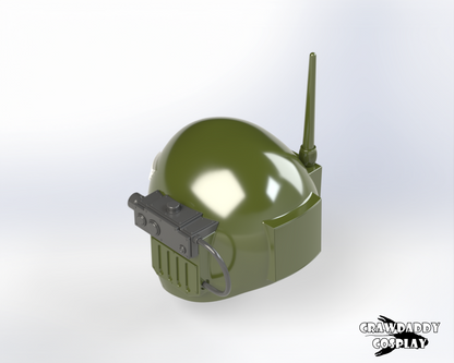 A 3D rendered image of a green Sovereign Trooper helmet with a white skull emblem and black goggles.