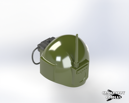 A 3D rendered image of a green Sovereign Trooper helmet with a white skull emblem and black goggles.