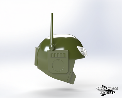 A 3D rendered image of a green Sovereign Trooper helmet with a white skull emblem and black goggles.