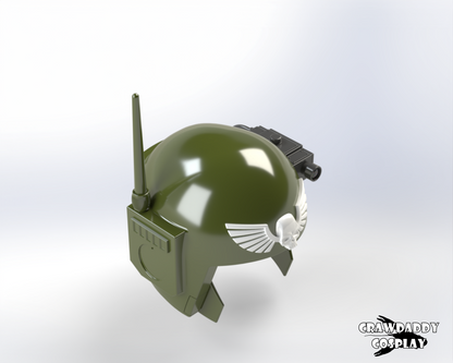 A 3D rendered image of a green Sovereign Trooper helmet with a white skull emblem and black goggles.
