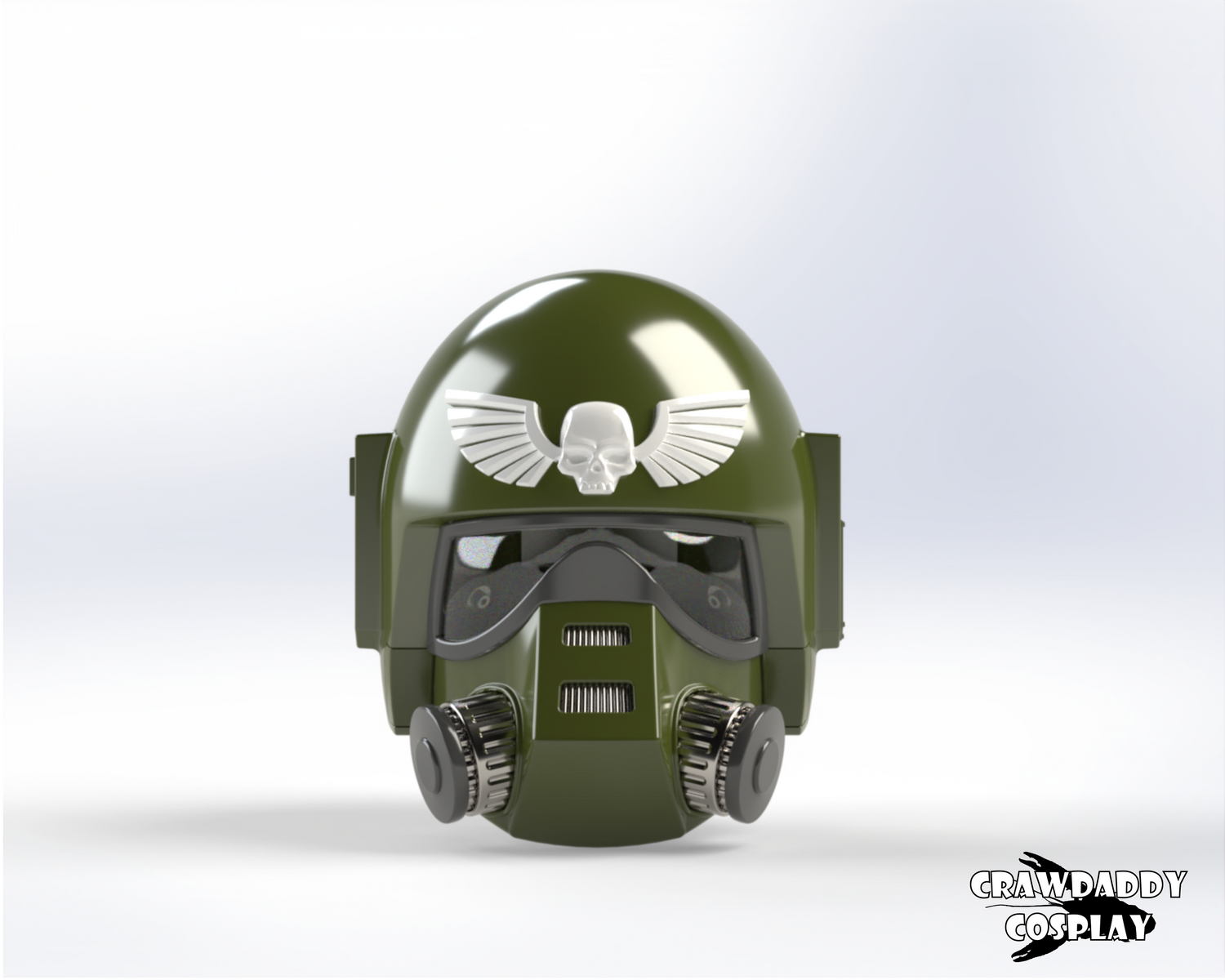 A 3D rendered image of a green Sovereign Trooper helmet with a white skull emblem and black goggles.