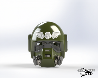 A 3D rendered image of a green Sovereign Trooper helmet with a white skull emblem and black goggles.