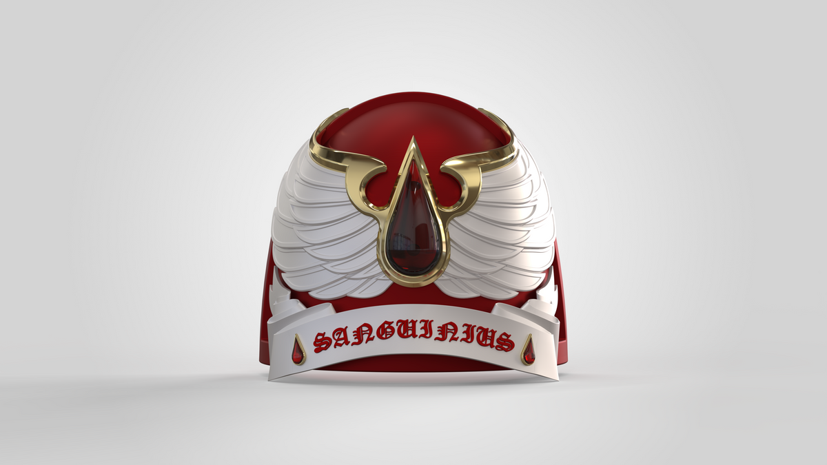 V.10 Crimson Celestials V.2 Shoulder Detail (3D Print | Files Only): Featuring bold red and white colors with gold accents, intricate wing motifs, a teardrop emblem, and a “Sanguinius” banner at the base, this 3D printable is ideal for fans seeking to upgrade their collection. Presented on a plain white background.