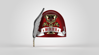 Showcasing a bold red helmet adorned with a gold skull, wings, and chalice emblem, along with a white BAAL-labeled ribbon and a silver wing accent reminiscent of the Version 10 Remaster Arms Pattern, the V.10 Crimson Celestials V.1 Shoulder Detail (3D Print | Files Only) captures the essence of elite Tactical Crimson Celestials style. Ideal for Galactic Warriors enthusiasts seeking highly detailed 3D-printable components, this exceptional piece stands out against a simple light gray background.