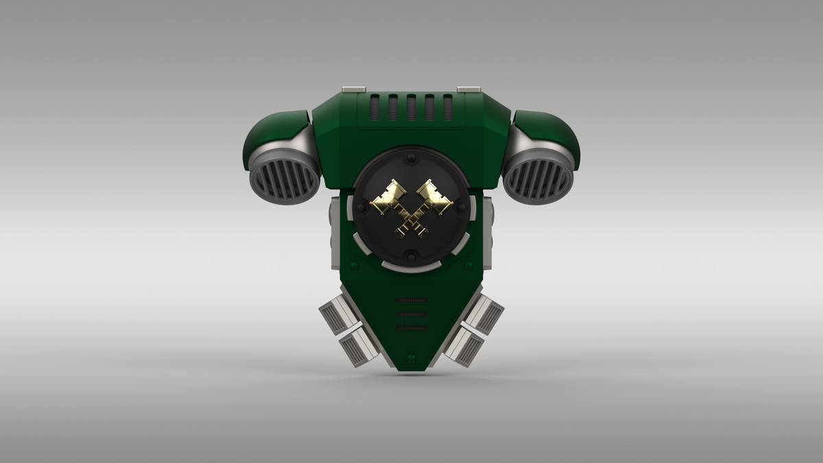 A vibrant green, futuristic backpack cover—V.10 Fire Lizards Backpack Cover Detail V.1 (3D Print | Files Only)—featuring metallic accents, central gold gears, and vented details reminiscent of a Galactic Warriors accessory, showcased against a plain gradient background.