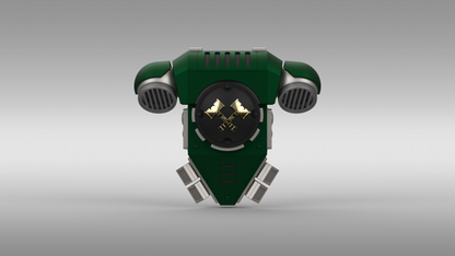 A vibrant green, futuristic backpack cover—V.10 Fire Lizards Backpack Cover Detail V.1 (3D Print | Files Only)—featuring metallic accents, central gold gears, and vented details reminiscent of a Galactic Warriors accessory, showcased against a plain gradient background.