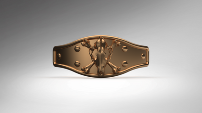 A metallic bronze belt buckle featuring a central horse skull and crossed bones motif, flanked by decorative studs, shown on a neutral gray gradient background.