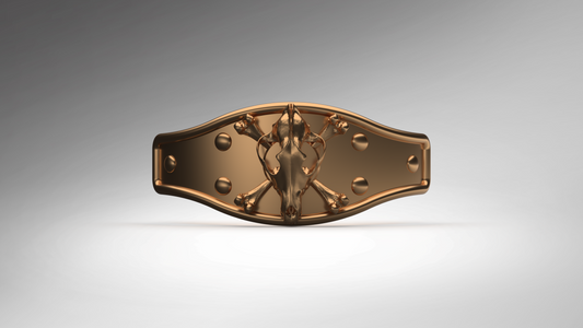 A metallic bronze belt buckle featuring a central horse skull and crossed bones motif, flanked by decorative studs, shown on a neutral gray gradient background.
