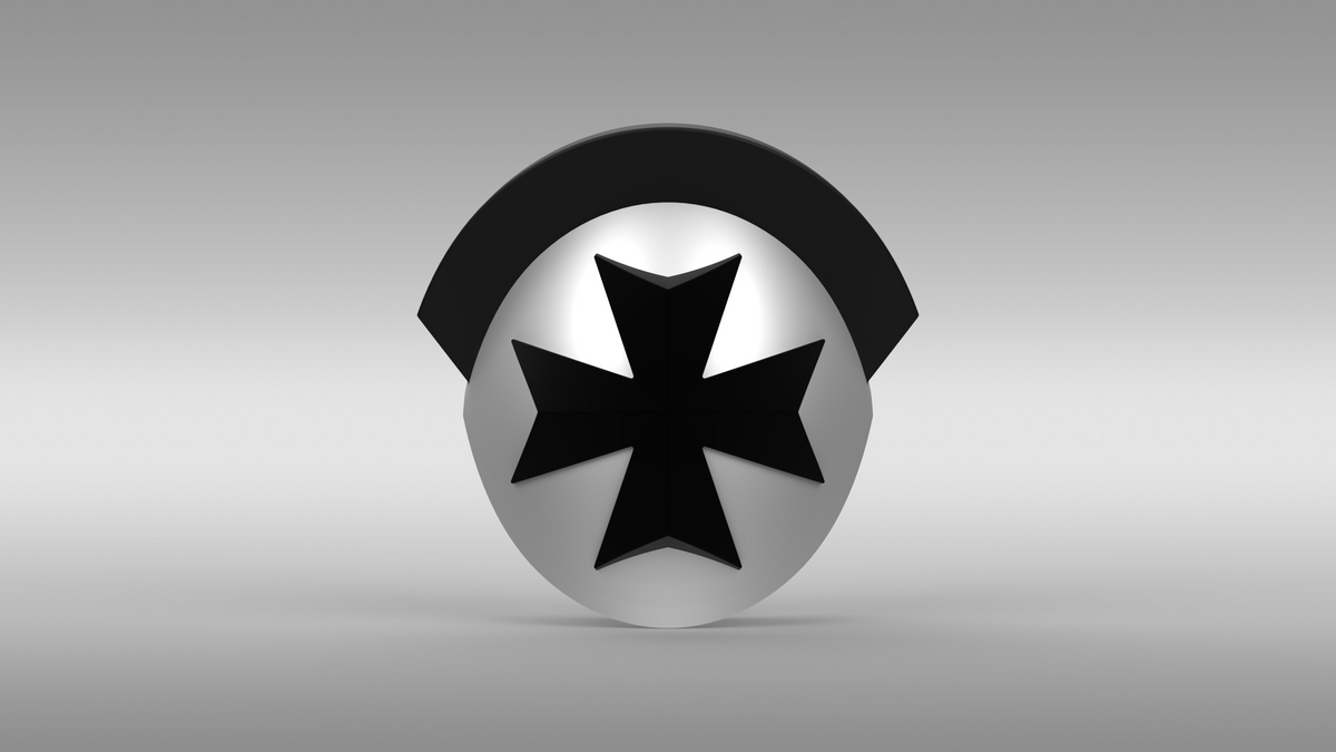 A 3D silver sphere with a bold black asterisk-like star on its front, topped with a black, semi-circular shape against a gray gradient background, captures the futuristic style of the V.10 Black Templars Knee Detail V.1 (3D Print | Files Only)—making it an ideal inspiration for 3D-printable knee or tactical knee skull detail designs.