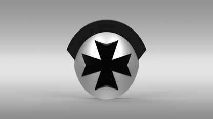 A 3D silver sphere with a bold black asterisk-like star on its front, topped with a black, semi-circular shape against a gray gradient background, captures the futuristic style of the V.10 Black Templars Knee Detail V.1 (3D Print | Files Only)—making it an ideal inspiration for 3D-printable knee or tactical knee skull detail designs.