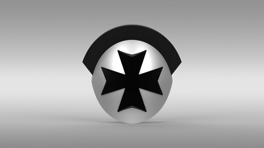 A 3D silver sphere with a bold black asterisk-like star on its front, topped with a black, semi-circular shape against a gray gradient background, captures the futuristic style of the V.10 Black Templars Knee Detail V.1 (3D Print | Files Only)—making it an ideal inspiration for 3D-printable knee or tactical knee skull detail designs.
