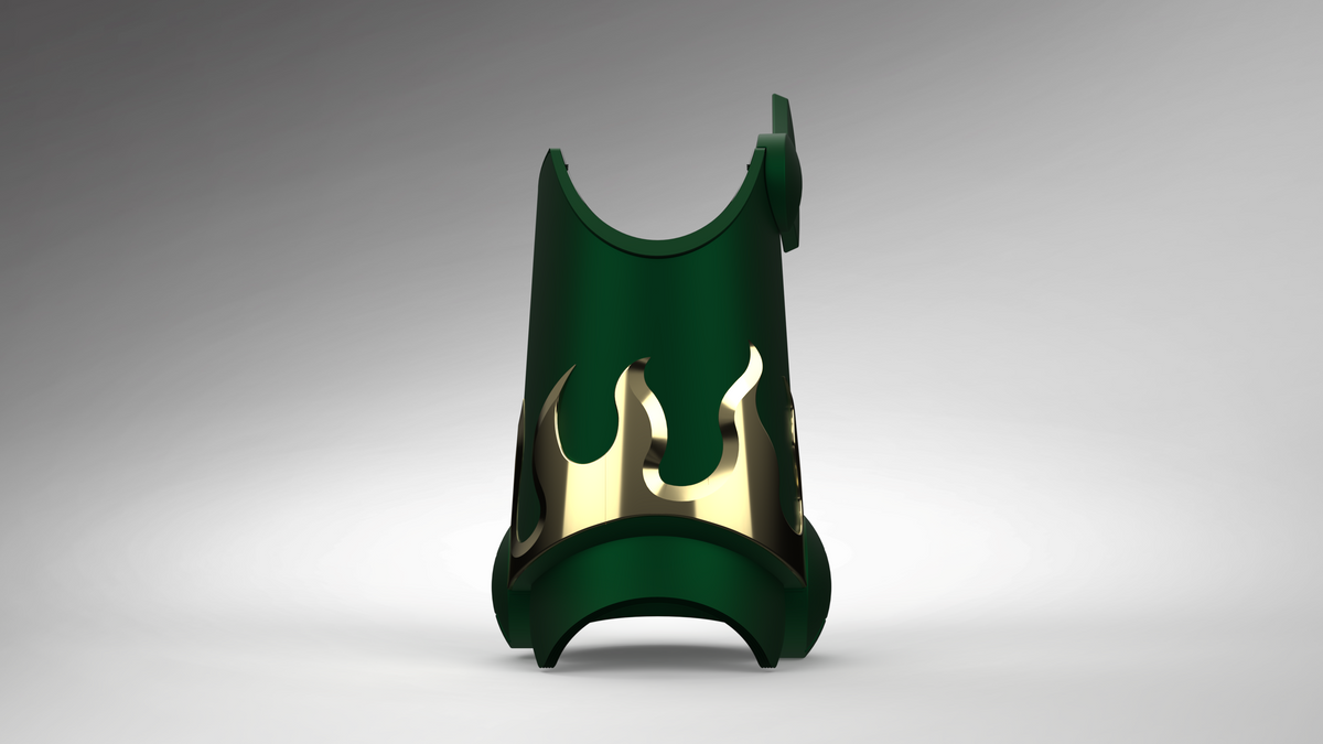 A dark green 3D-printed protective guard or stand with a gold flame-shaped cutout detail, shown on a neutral gray gradient background.