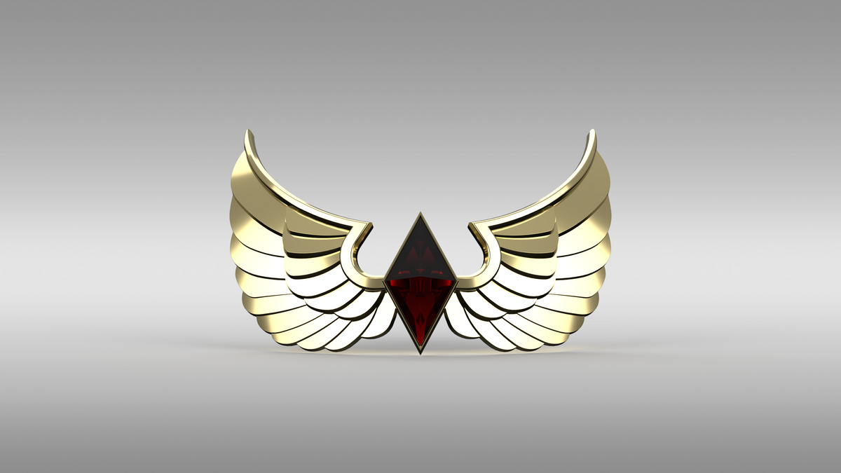 A 3D-rendered winged emblem or crest with two curved gold wings and a dark red central diamond, shown on a smooth gray gradient background.