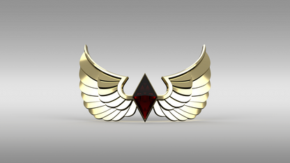 A 3D-rendered winged emblem or crest with two curved gold wings and a dark red central diamond, shown on a smooth gray gradient background.