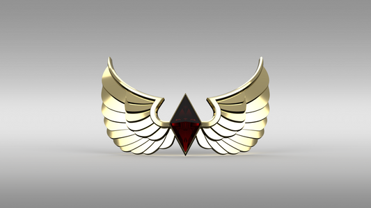 A 3D-rendered winged emblem or crest with two curved gold wings and a dark red central diamond, shown on a smooth gray gradient background.