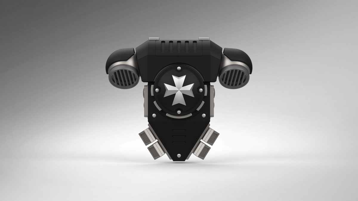 A striking, black mechanical accessory—the V.10 Grim Paladins Backpack Cover Detail V.1 (3D Print | Files Only)—features a central star emblem reminiscent of the Galactic Warriors Version 10, with two rounded side vents and angular metallic accents at the bottom, set against a gradient gray background.
