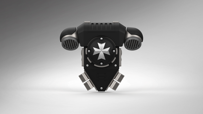A striking, black mechanical accessory—the V.10 Grim Paladins Backpack Cover Detail V.1 (3D Print | Files Only)—features a central star emblem reminiscent of the Galactic Warriors Version 10, with two rounded side vents and angular metallic accents at the bottom, set against a gradient gray background.