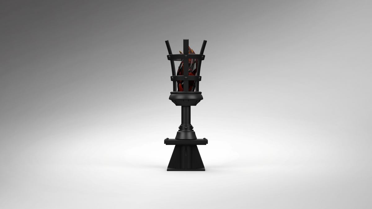 A black metal decorative stand or candelabra-style holder with a tiered basket-like top, shown centered on a smooth gray gradient background.