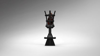 A black metal decorative stand or candelabra-style holder with a tiered basket-like top, shown centered on a smooth gray gradient background.
