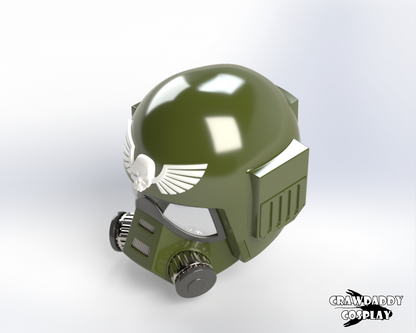 A 3D rendered image of a green Sovereign Trooper helmet with a white skull emblem and black goggles.