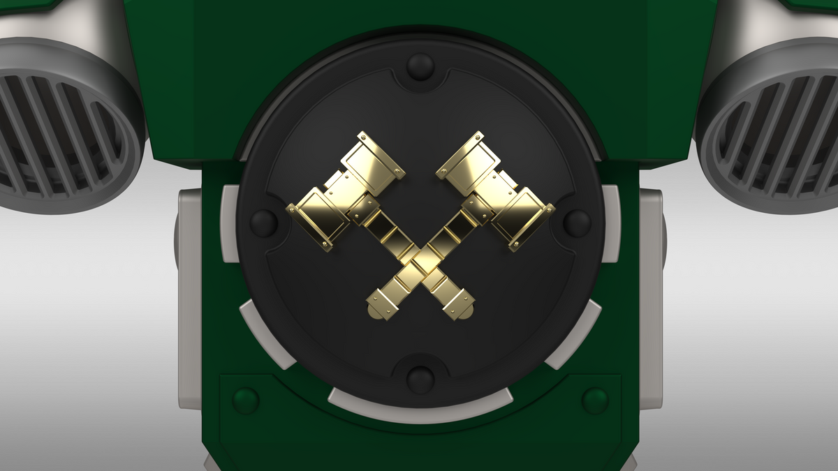 A close-up of the V.10 Fire Lizards Backpack Cover Detail V.1—a circular black emblem featuring two gold gavels crossed at the center, set against a green and metallic background with vent-like accents on each side—available as a 3D print digital file for customizing your Galactic Warriors backpack.