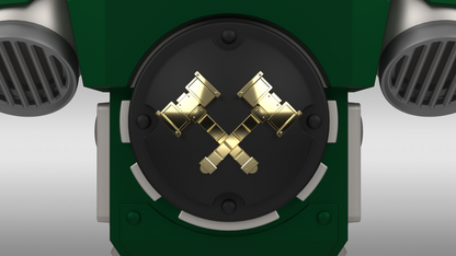 A close-up of the V.10 Fire Lizards Backpack Cover Detail V.1—a circular black emblem featuring two gold gavels crossed at the center, set against a green and metallic background with vent-like accents on each side—available as a 3D print digital file for customizing your Galactic Warriors backpack.