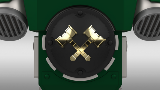 A round black emblem featuring two gold crossed gavels is mounted on the green and gray structure of the V.10 Salamanders Backpack Cover Detail V.1 (3D Print | Files Only), flanked by metallic vents on each side and echoing its distinctive design.