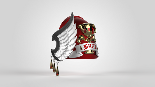 Certainly! Here’s a rewritten sentence incorporating your product data: A red and gold ornate helmet featuring a silver wing on one side, three dangling teardrop ornaments with red tips, and the word “BAAL” displayed on a front-facing banner. This striking design is inspired by the V.10 Crimson Celestials V.1 Shoulder Detail (3D Print | Files Only), evoking the power of 3D-printable Galactic Warriors. Set against a plain light gray background.